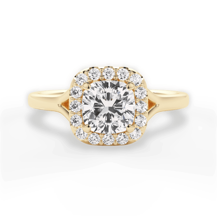 The Celia Cushion Cut 18kt Yellow Gold Split Shank Halo Diamond Engagement Ring