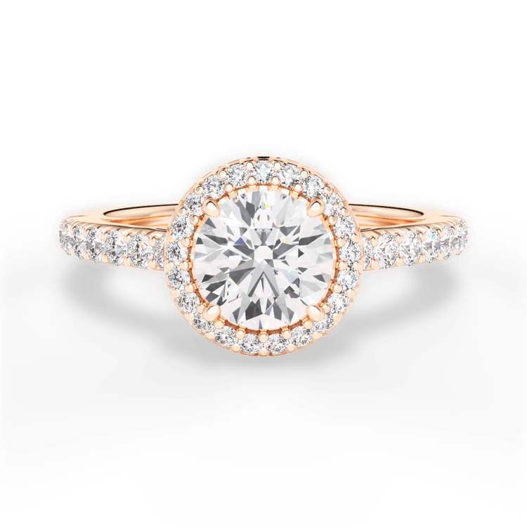 The Laura Round Cut 18kt Rose Gold Classic French-set Halo Diamond Band Engagement Ring