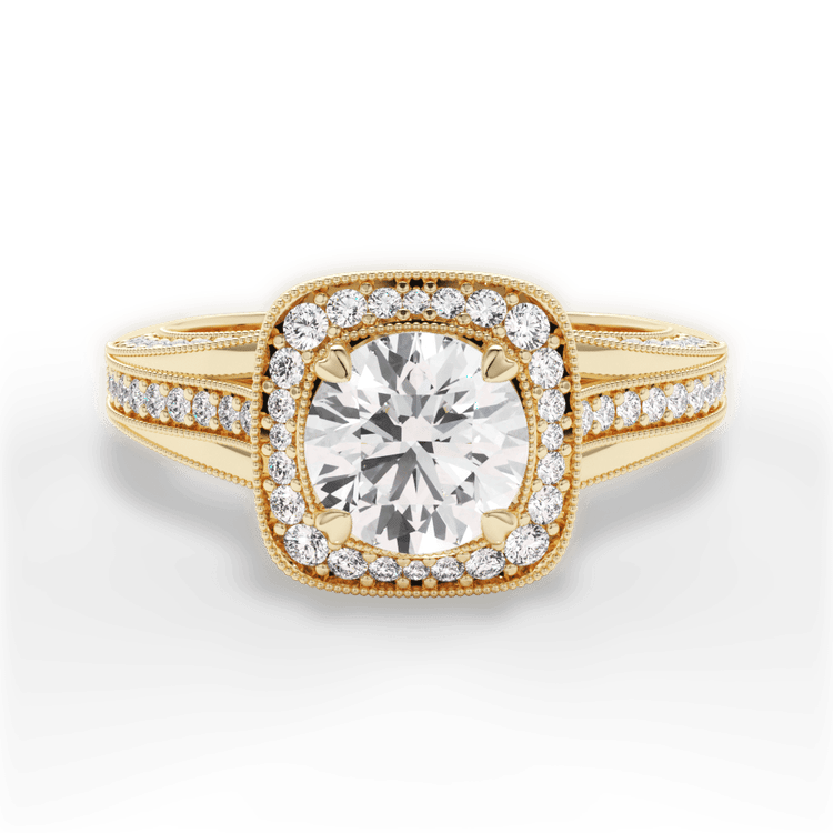 The Cecile Round Cut 18kt Yellow Gold Masterwork Cushion Halo Vaulted Milgrain Diamond Engagement Ring