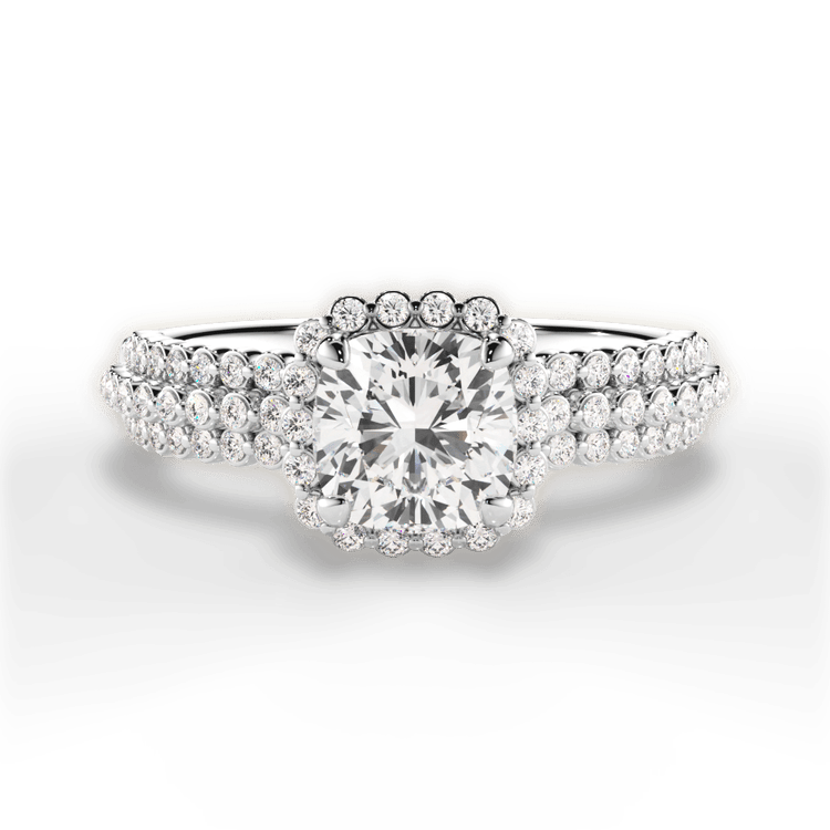 The Electra Cushion Cut Platinum Three Row Graduating Diamond Halo Engagement Ring