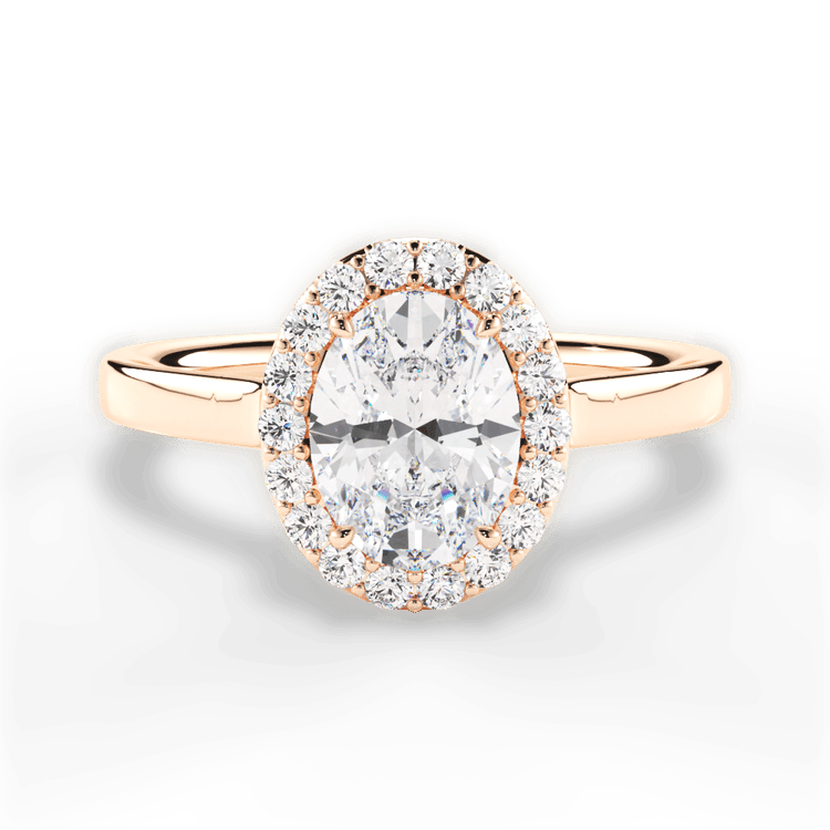 The Ivy Oval Cut 18kt Rose Gold Plain Band French-Set Halo Engagement Ring