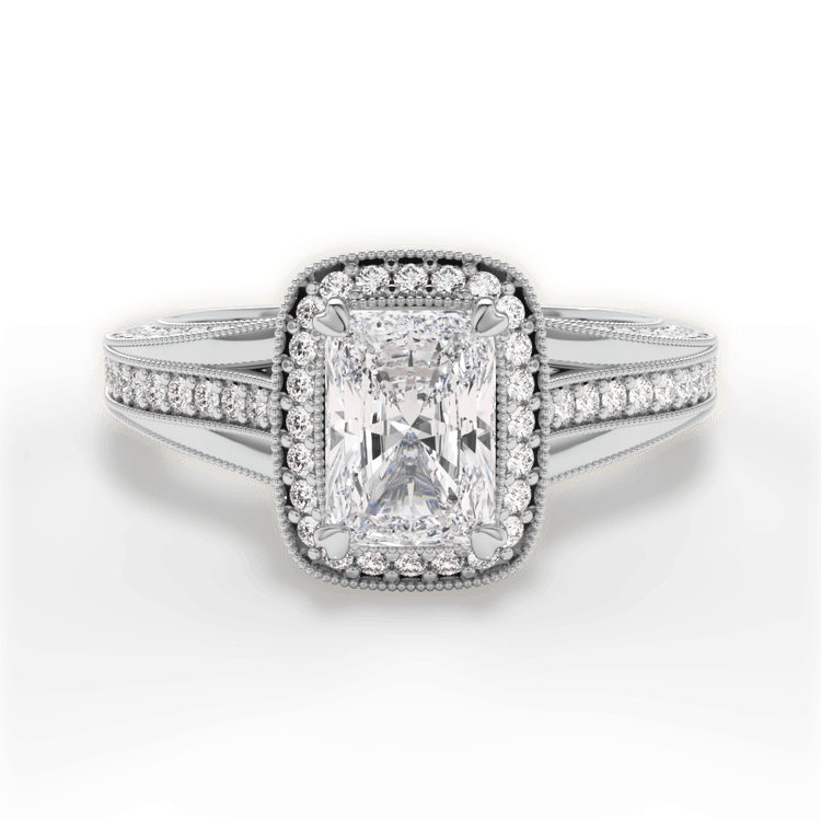 The Cecile Radiant Cut Platinum Masterwork Cushion Halo Vaulted Milgrain Diamond Engagement Ring