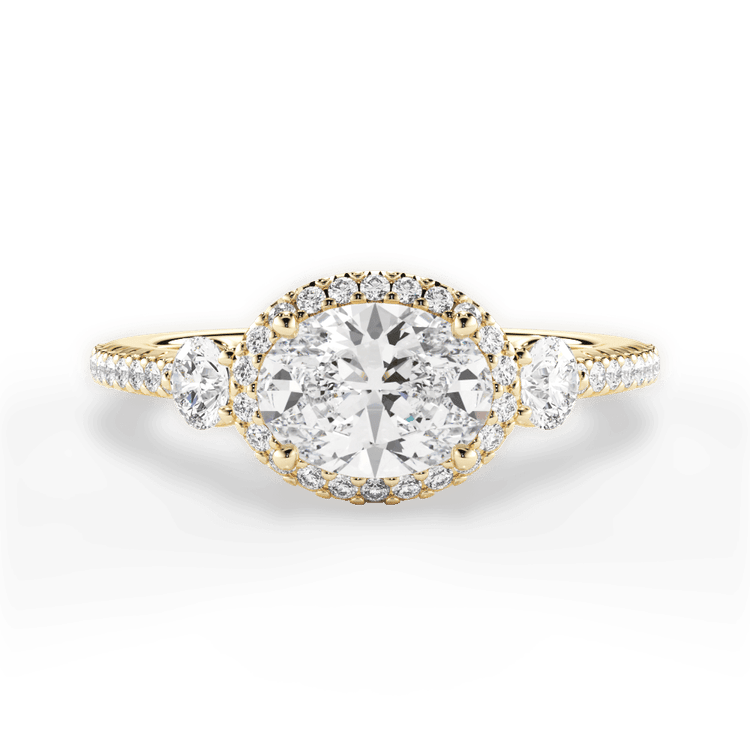 The Emelia Oval Cut 18kt Yellow Gold East To West Three-Stone Halo Diamond Band Engagement Ring