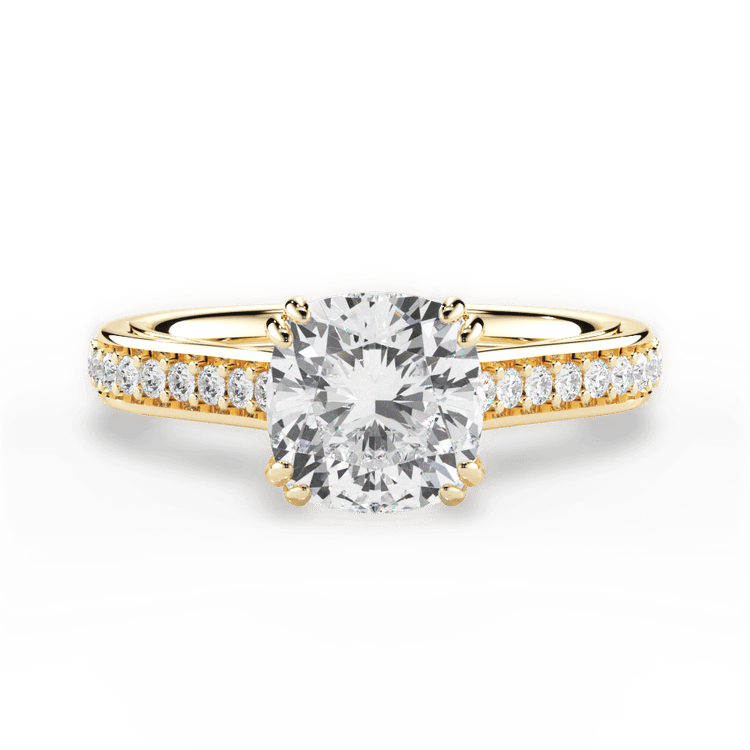 The Gloria Cushion Cut 18kt Yellow Gold Pavé Double-Prong Engagement Ring