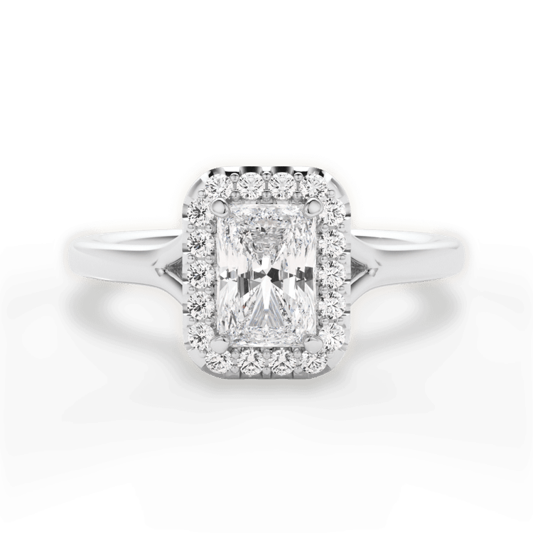 The Celia Radiant Cut Platinum Split Shank Halo Diamond Engagement Ring