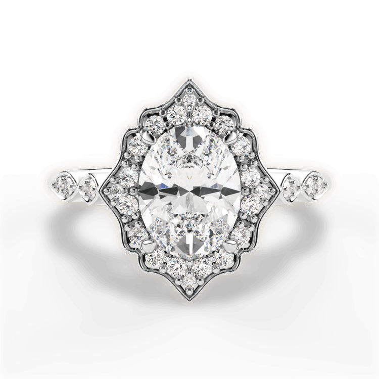 The Capri Oval Cut Platinum Vintage Floral Halo Diamond Engagement Ring