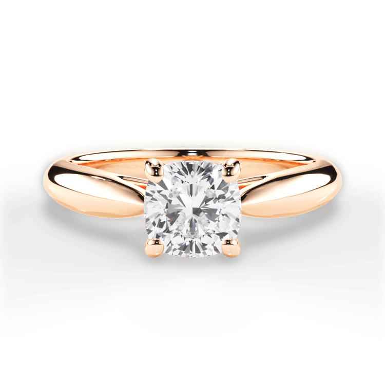 The Sadie Cushion Cut 18kt Rose Gold Tapered Cathedral Solitaire Engagement Ring
