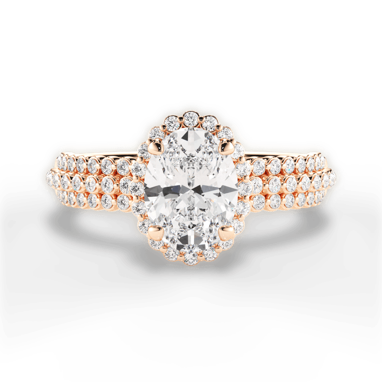 The Electra Oval Cut 18kt Rose Gold Three Row Graduating Diamond Halo Engagement Ring
