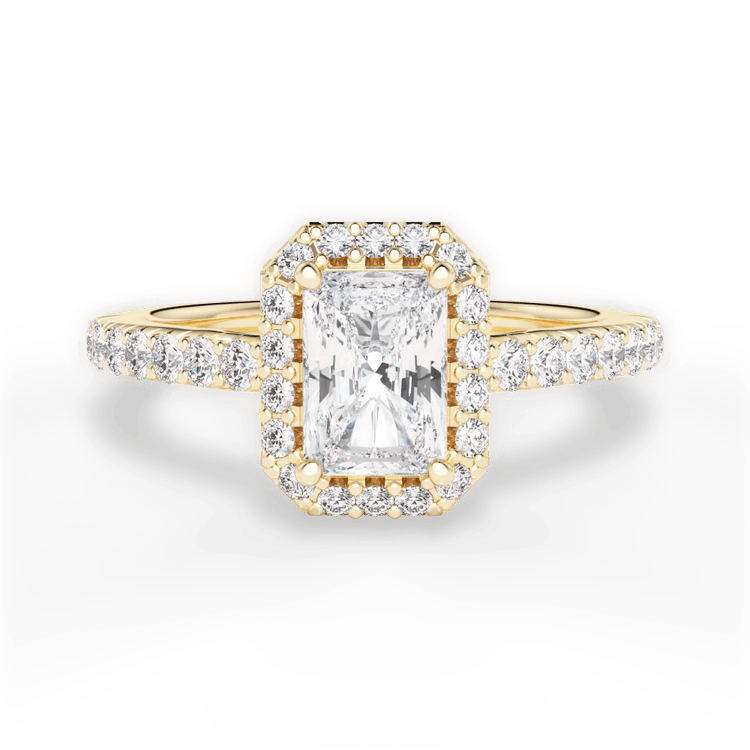 The Laura Radiant Cut 18kt Yellow Gold Classic French-set Halo Diamond Band Engagement Ring