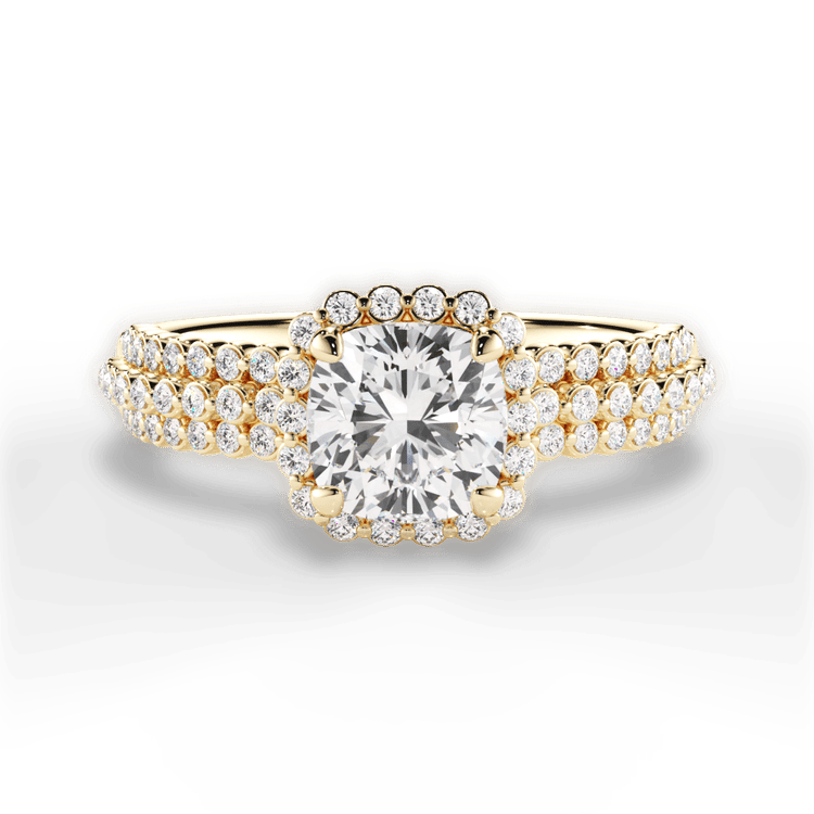 The Electra Cushion Cut 18kt Yellow Gold Three Row Graduating Diamond Halo Engagement Ring