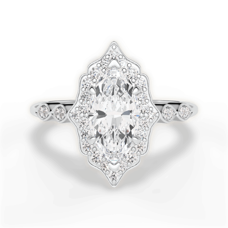 The Capri Marquise Cut Platinum Vintage Floral Halo Diamond Engagement Ring