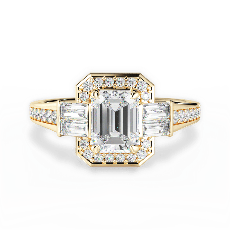 The Ada Emerald Cut 18kt Yellow Gold Baguette Halo Diamond Engagement Ring