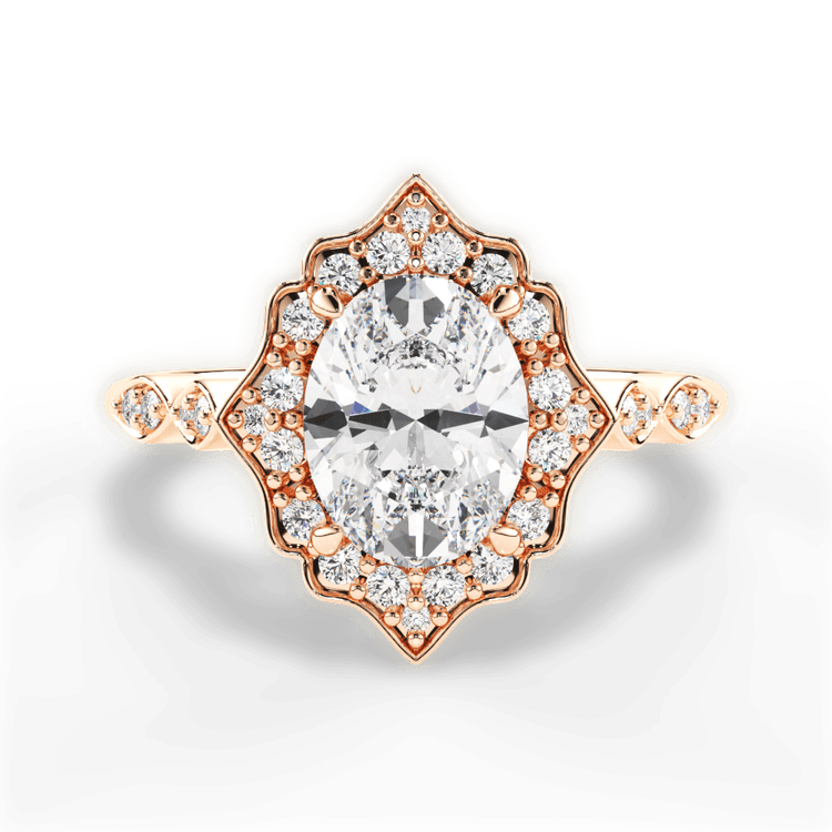 The Capri Oval Cut 18kt Rose Gold Vintage Floral Halo Diamond Engagement Ring