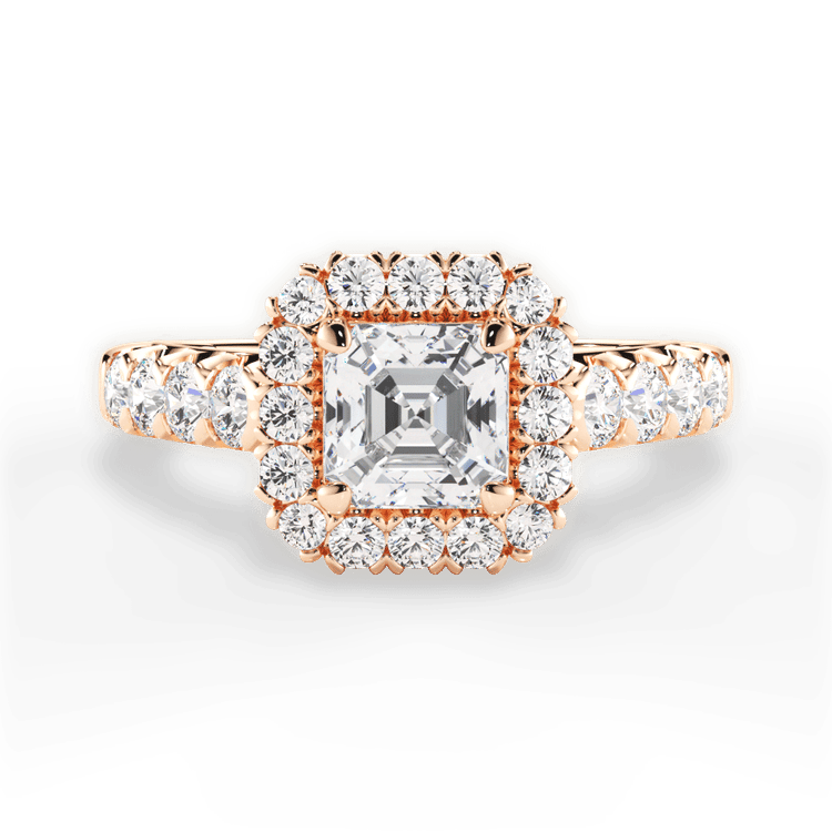 The Cesia Asscher Cut 18kt Rose Gold Masterwork Halo Diamond Band Engagement Ring