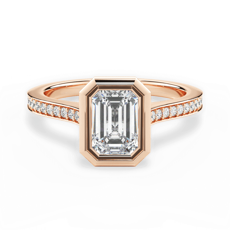The Tyler Emerald Cut 18kt Rose Gold Bezel-Set Pavé Diamond Band Engagement Ring