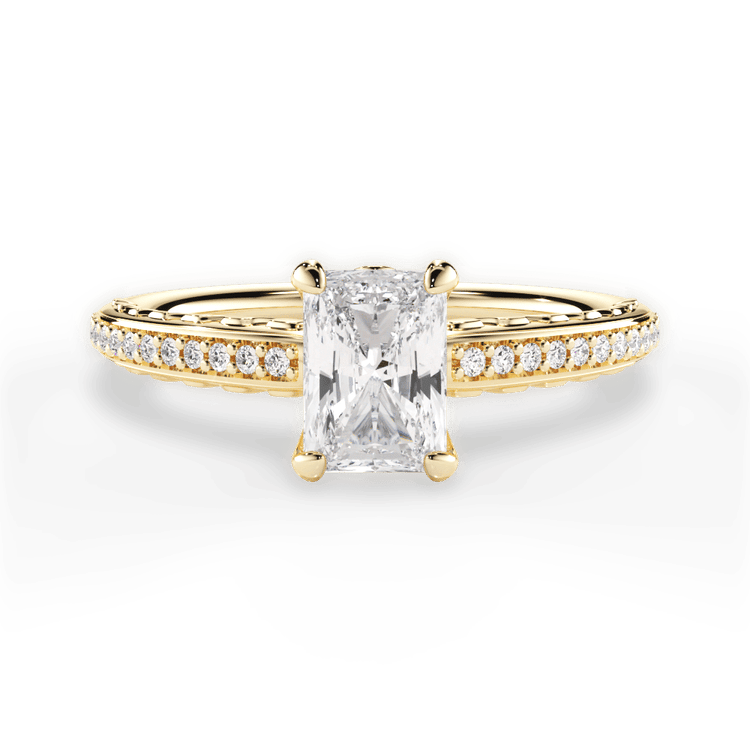 The Gio Radiant Cut 18kt Yellow Gold Engraved Diamond Engagement Ring