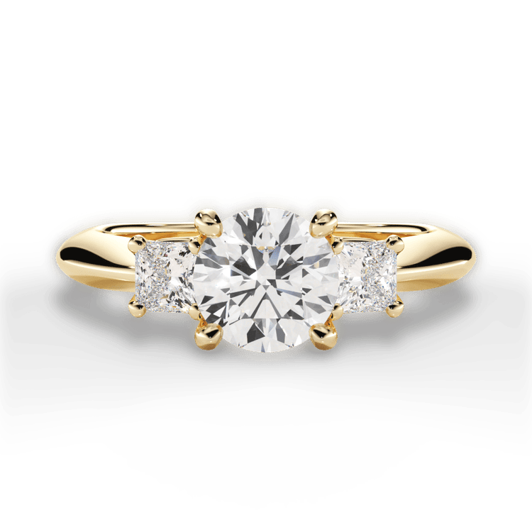 The Ellie Round Cut 18kt Yellow Gold Three-Stone Solitaire Engagement Ring