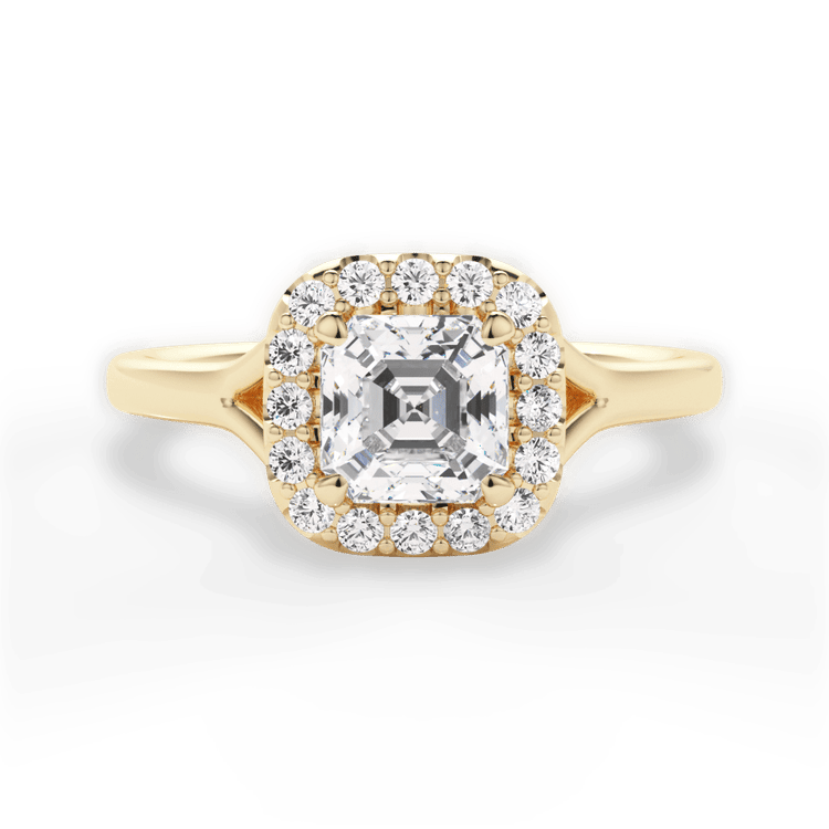 The Celia Asscher Cut 18kt Yellow Gold Split Shank Halo Diamond Engagement Ring