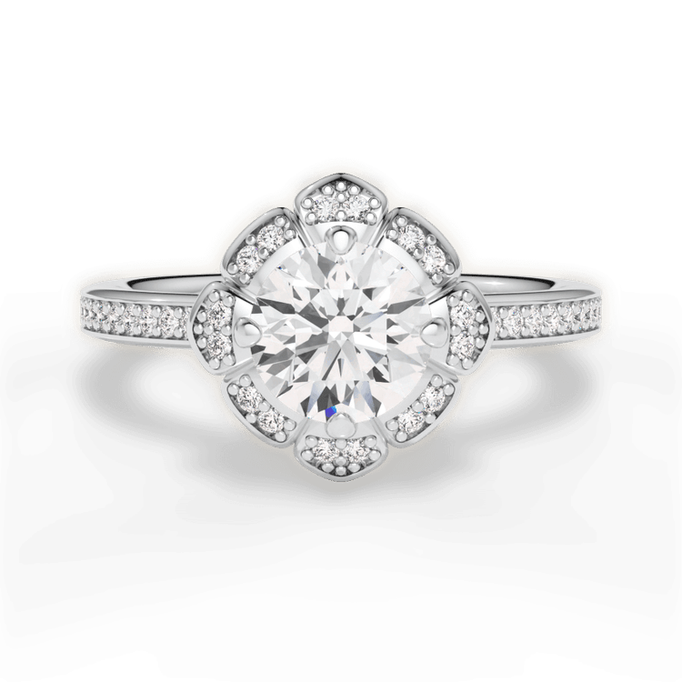 The Celeste Round Cut Platinum Petal Halo Diamond Engagement Ring