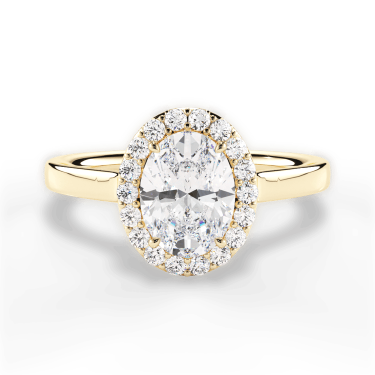 The Ivy Oval Cut 18kt Yellow Gold Plain Band French-Set Halo Engagement Ring