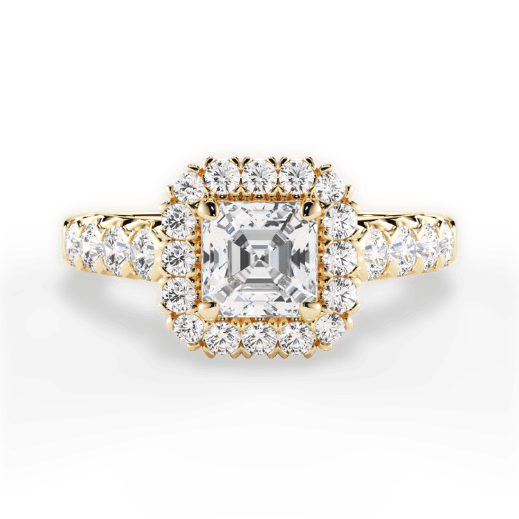 The Cesia Asscher Cut 18kt Yellow Gold Masterwork Halo Diamond Band Engagement Ring
