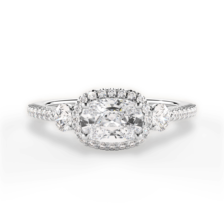 The Emelia Cushion Cut Platinum East To West Three-Stone Halo Diamond Band Engagement Ring