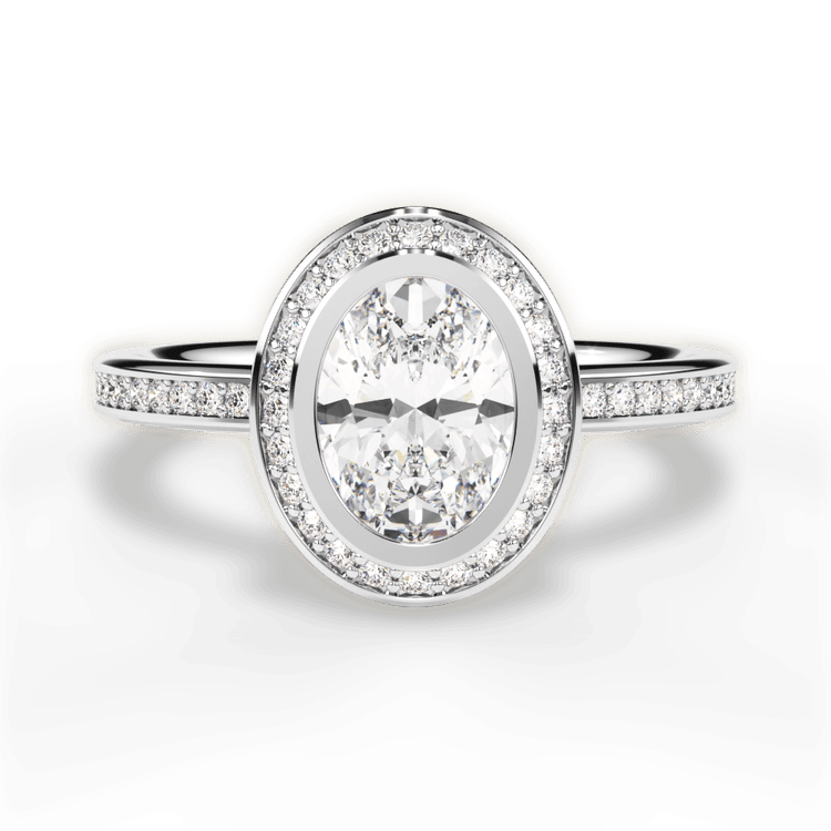 The Ritani Endless Love Oval Cut Platinum Round Vintage Halo Micropavé Diamond Band Engagement Ring
