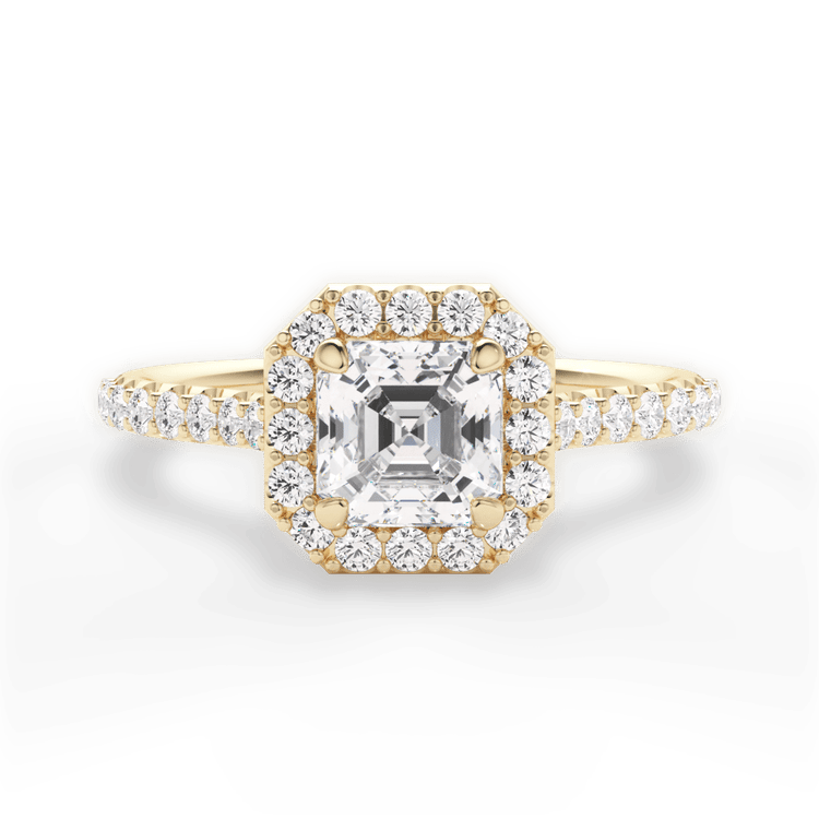 The Layla Asscher Cut 18kt Yellow Gold French-Set Halo Diamond Band Engagement Ring