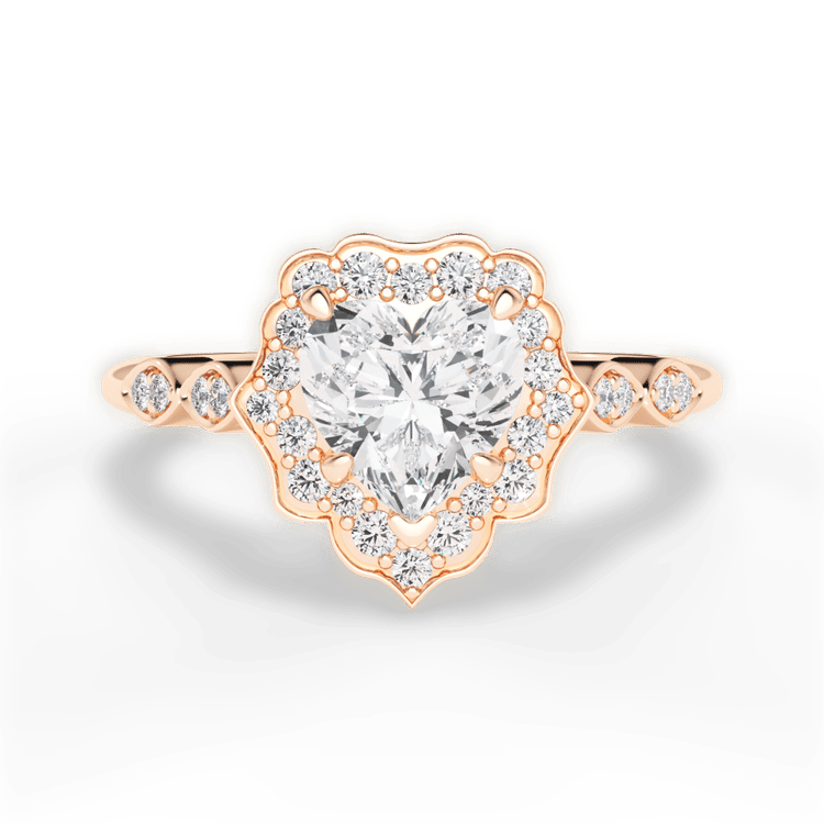 The Capri Heart Shaped 18kt Rose Gold Vintage Floral Halo Diamond Engagement Ring