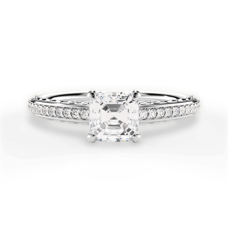 The Gio Asscher Cut Platinum Engraved Diamond Engagement Ring
