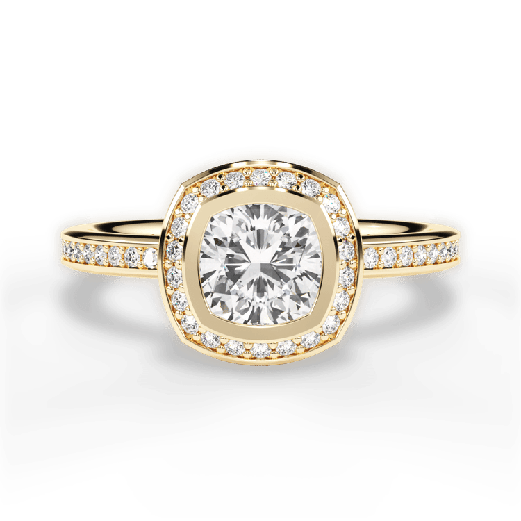 The Ritani Endless Love Cushion Cut 18kt Yellow Gold Round Vintage Halo Micropavé Diamond Band Engagement Ring