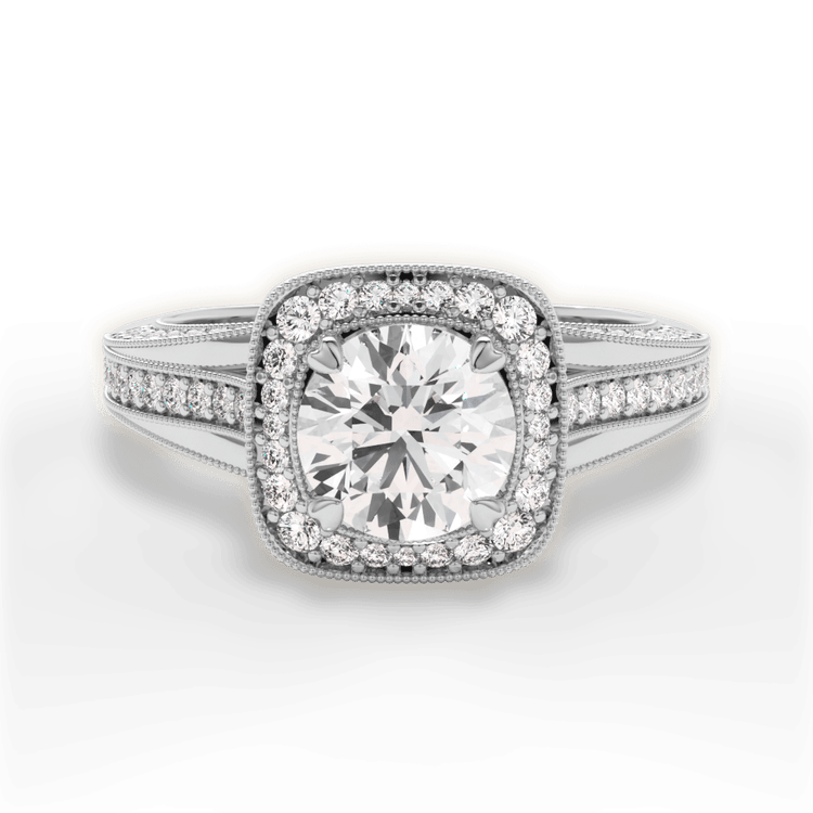 The Cecile Round Cut Platinum Masterwork Cushion Halo Vaulted Milgrain Diamond Engagement Ring