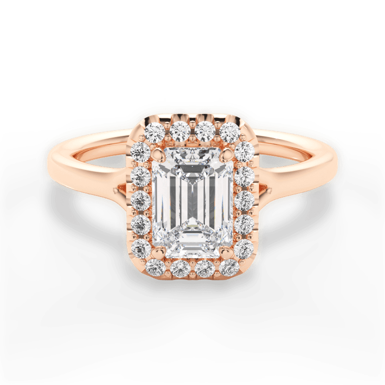 The Celia Emerald Cut 18kt Rose Gold Split Shank Halo Diamond Engagement Ring