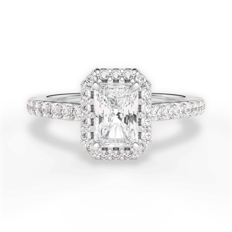 The Laura Radiant Cut Platinum Classic French-set Halo Diamond Band Engagement Ring