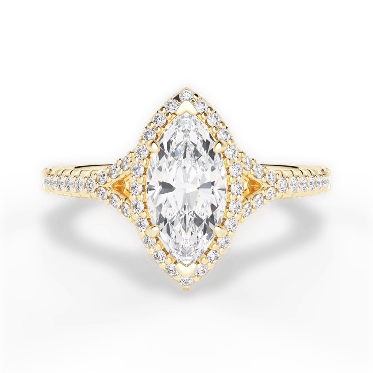 The Jordan Marquise Cut 18kt Yellow Gold Dainty 'V' Band Halo Engagement Ring