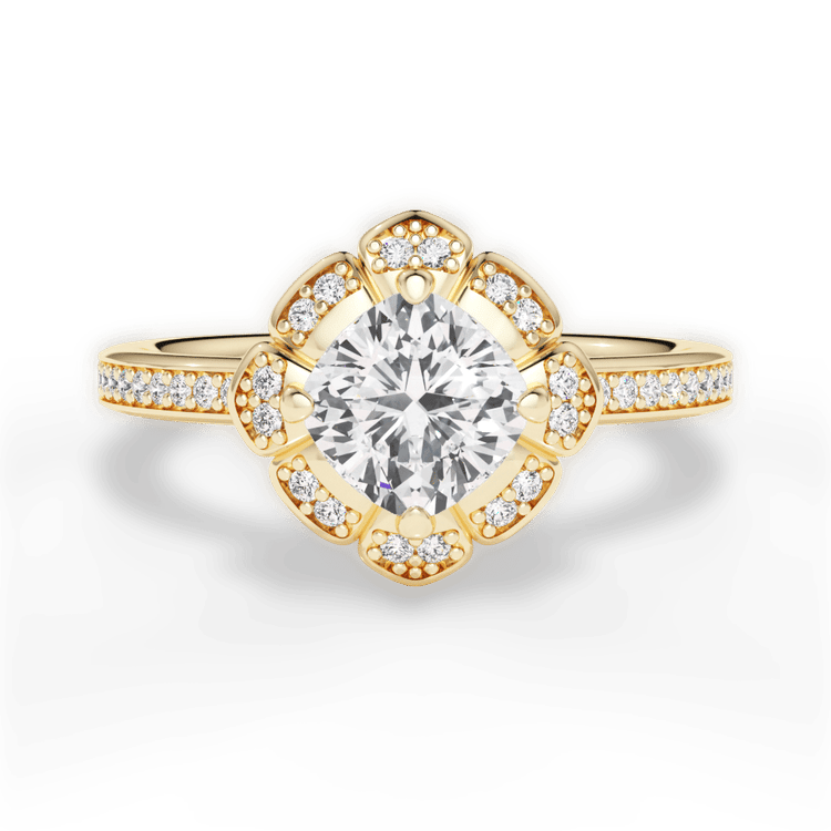 The Celeste Cushion Cut 18kt Yellow Gold Petal Halo Diamond Engagement Ring