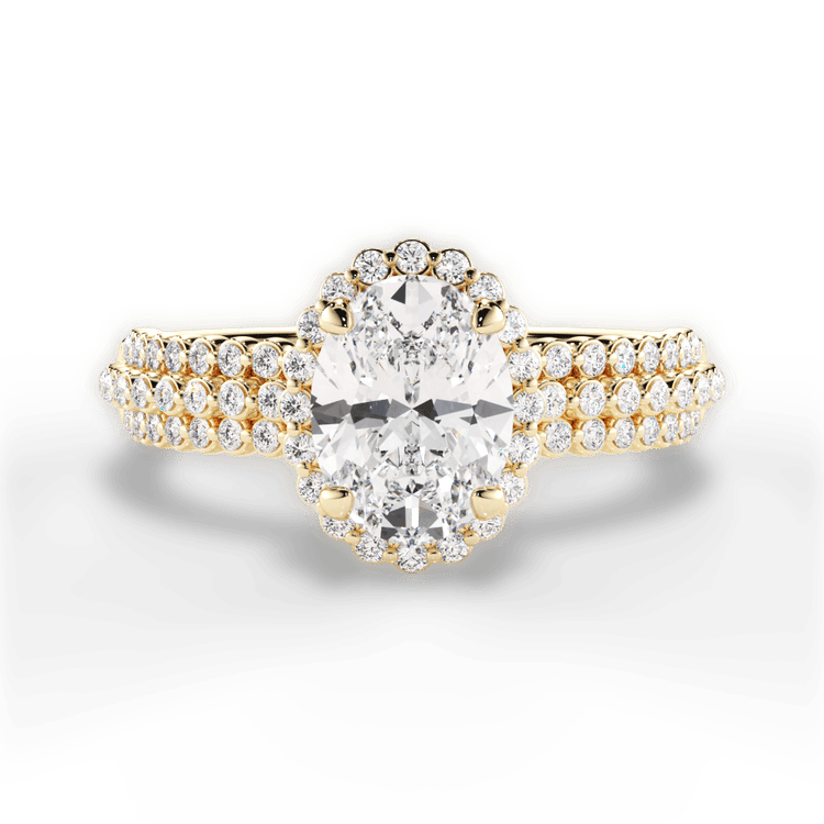 The Electra Oval Cut 18kt Yellow Gold Three Row Graduating Diamond Halo Engagement Ring