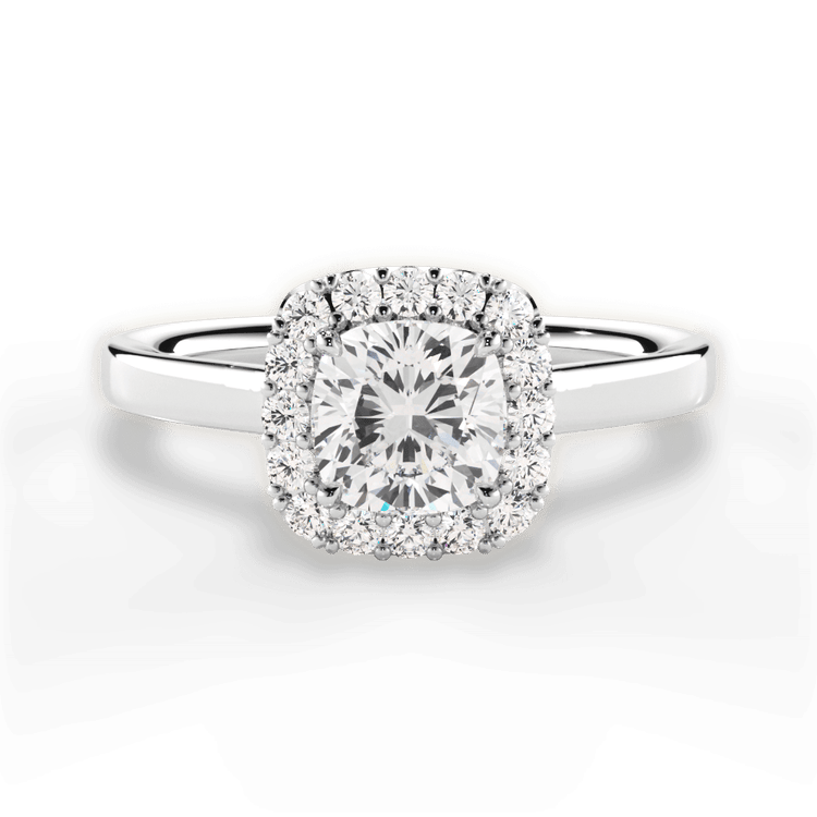 The Ivy Cushion Cut Platinum Plain Band French-Set Halo Engagement Ring