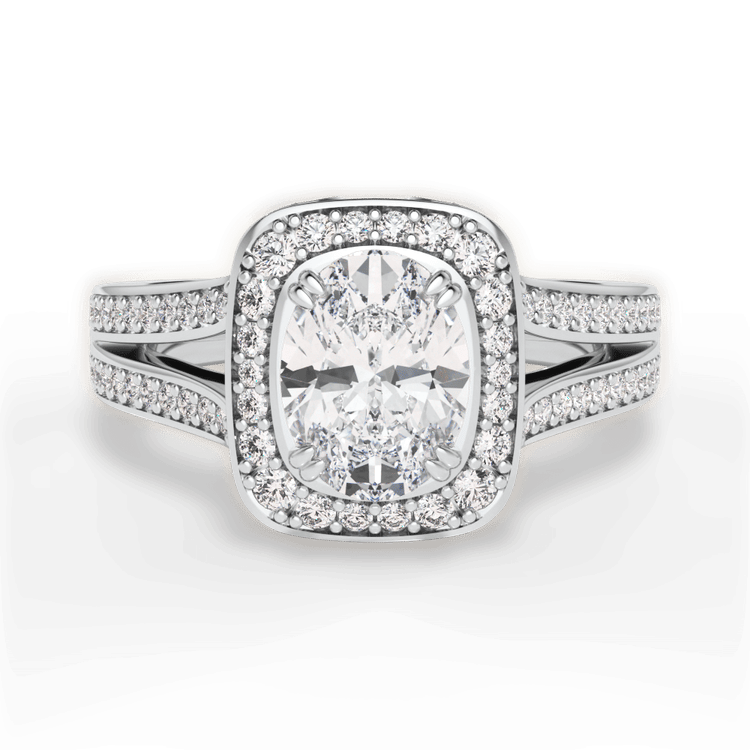 The Giulia Oval Cut Platinum Masterwork Cushion Halo Diamond 'V' Band Engagement Ring