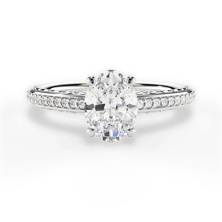 The Gio Oval Cut Platinum Engraved Diamond Engagement Ring