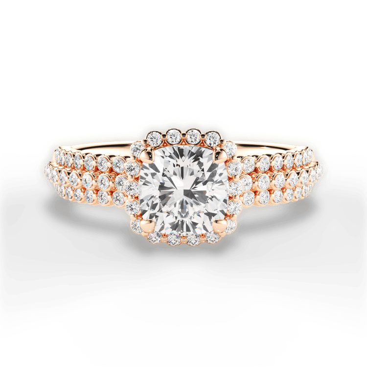 The Electra Cushion Cut 18kt Rose Gold Three Row Graduating Diamond Halo Engagement Ring