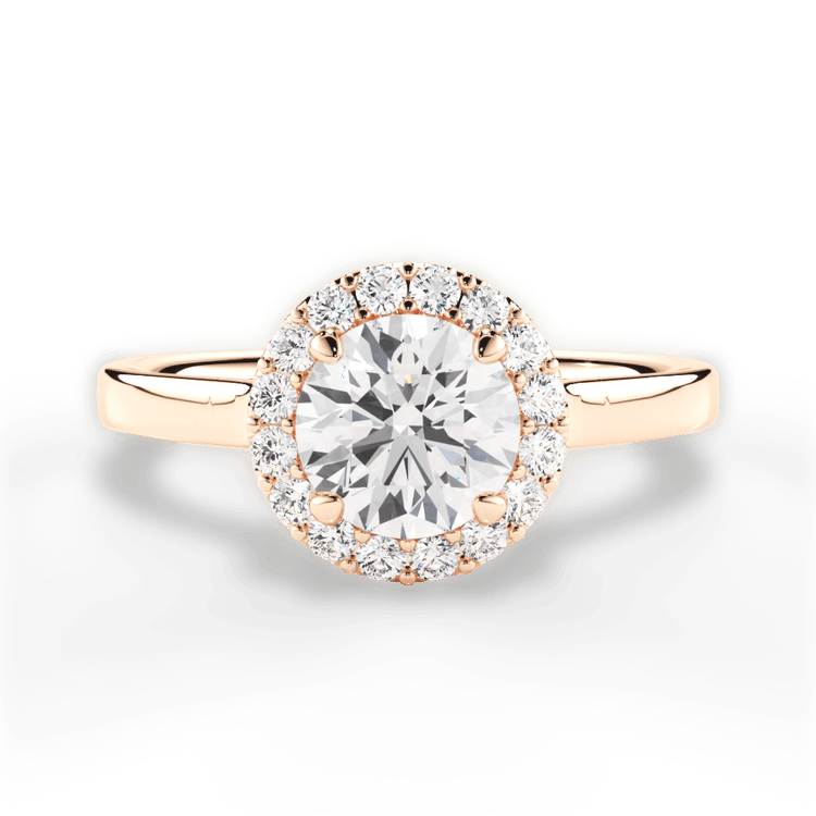 The Ivy Round Cut 18kt Rose Gold Plain Band French-Set Halo Engagement Ring