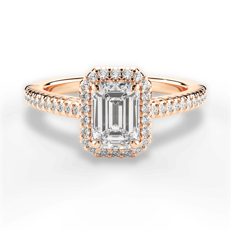 The Kris Emerald Cut 18kt Rose Gold Vaulted Halo Diamond Band Engagement Ring