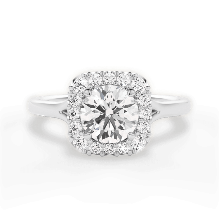 The Celia Round Cut Platinum Split Shank Halo Diamond Engagement Ring