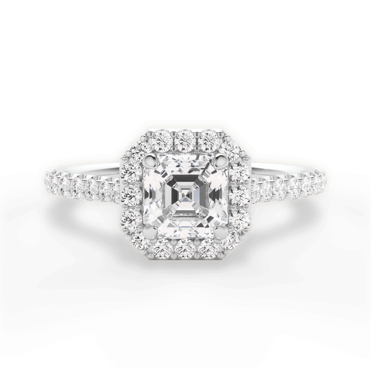 The Layla Asscher Cut Platinum French-Set Halo Diamond Band Engagement Ring