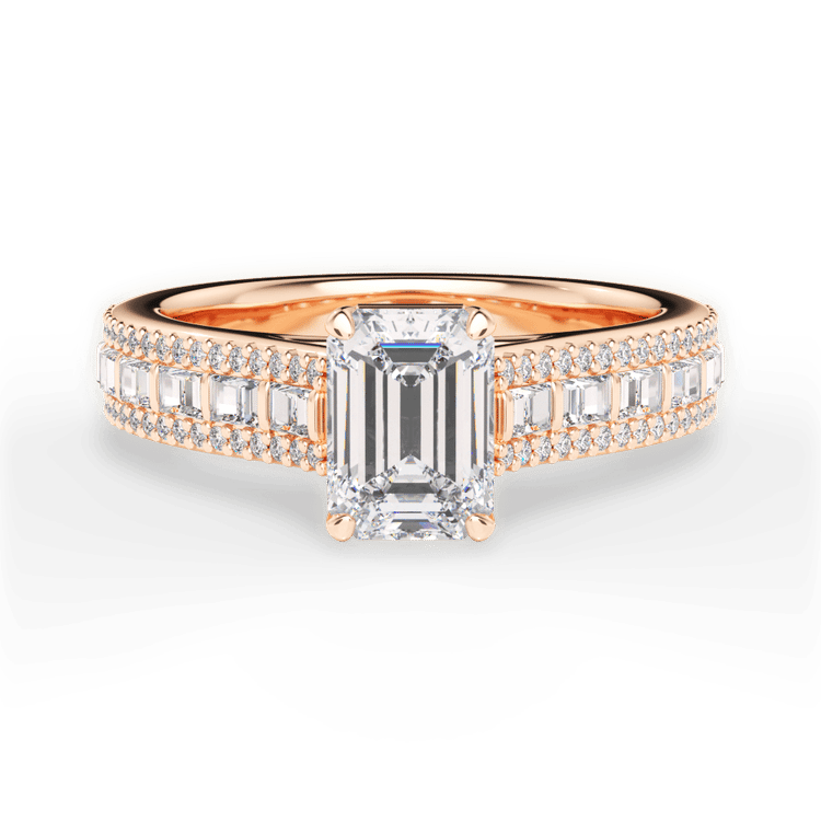 The Deni Emerald Cut 18kt Rose Gold Round And Baguette Diamond Engagement Ring