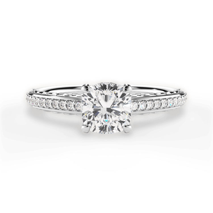 The Gio Cushion Cut Platinum Engraved Diamond Engagement Ring