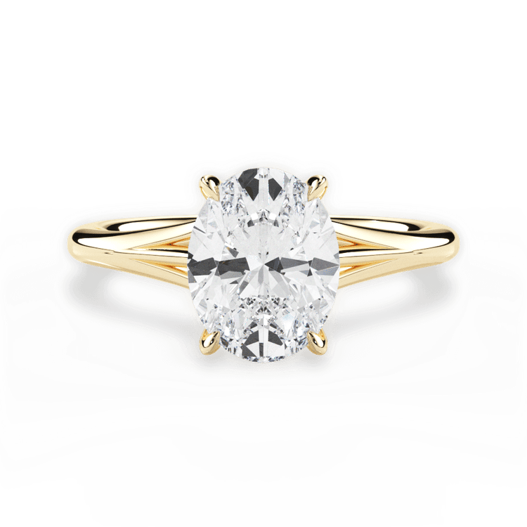 The Amata Oval Cut 18kt Yellow Gold Four-Prong Trellis Cathedral Solitaire Engagement Ring