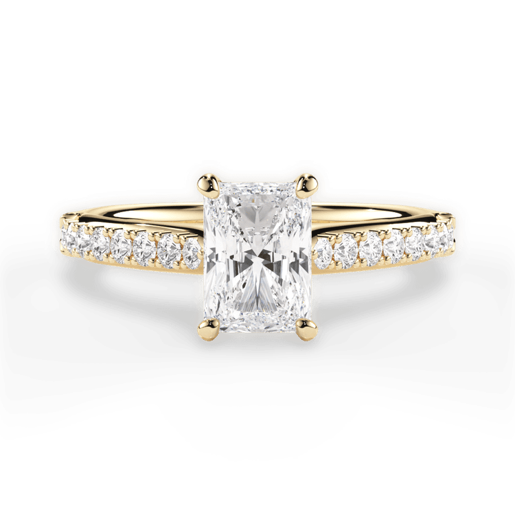 The Adele Radiant Cut 18kt Yellow Gold French-Set Diamond Band Engagement Ring