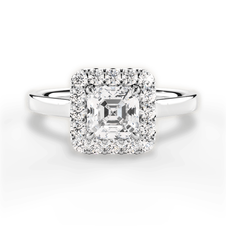 The Ivy Asscher Cut Platinum Plain Band French-Set Halo Engagement Ring